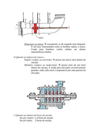 Diagonais ou mistas escoamento se dá segundo uma diagonal.
É um caso intermediário entre as bombas radiais e axiais.
Usada para bombear vazões médias em alturas
manométricas médias.
b) Quanto ao número de rotores:
Simples estágio ou unicelular possui um único rotor dentro da
carcaça
Múltiplos estágios ou multicelular possui mais de um rotor
dentro da carcaça. É usada para elevações excessivamente
grandes, onde cada rotor é responsável por uma parcela da
elevação.
c) Quanto ao número de bocas de sucção:
Sucção simples: 1 só boca de sucção
Sucção dupla: 2 bocas de sucção.
 