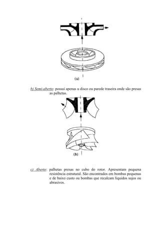 b) Semi-aberto: possui apenas u disco ou parede traseira onde são presas
as palhetas.
c) Aberto: palhetas presas no cubo do rotor. Apresentam pequena
resistência estrutural. São encontrados em bombas pequenas
e de baixo custo ou bombas que recalcam líquidos sujos ou
abrasivos.
 