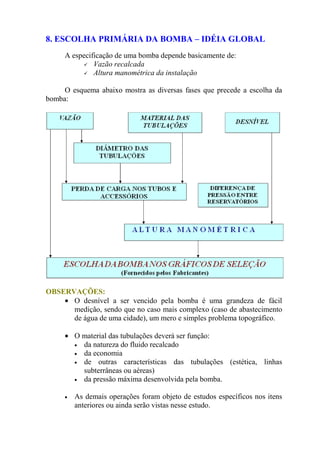 8. ESCOLHA PRIMÁRIA DA BOMBA – IDÉIA GLOBAL
A especificação de uma bomba depende basicamente de:
Vazão recalcada
Altura manométrica da instalação
O esquema abaixo mostra as diversas fases que precede a escolha da
bomba:
OBSERVAÇÕES:
• O desnível a ser vencido pela bomba é uma grandeza de fácil
medição, sendo que no caso mais complexo (caso de abastecimento
de água de uma cidade), um mero e simples problema topográfico.
• O material das tubulações deverá ser função:
• da natureza do fluido recalcado
• da economia
• de outras características das tubulações (estética, linhas
subterrâneas ou aéreas)
• da pressão máxima desenvolvida pela bomba.
• As demais operações foram objeto de estudos específicos nos itens
anteriores ou ainda serão vistas nesse estudo.
 