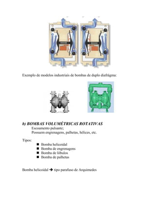 Exemplo de modelos industriais de bombas de duplo diafrágma:
b) BOMBAS VOLUMÉTRICAS ROTATIVAS
Escoamento pulsante;
Possuem engrenagens, palhetas, hélices, etc.
Tipos:
Bomba helicoidal
Bomba de engrenagens
Bomba de lóbulos
Bomba de palhetas
Bomba helicoidal tipo parafuso de Arquimedes
 