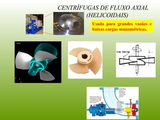 C. CENTRÍFUGAS DE FLUXO AXIAL
(HELICOIDAIS)
Usada para grandes vazões e
baixas cargas manométricas.
 