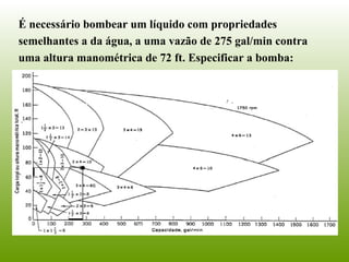 É necessário bombear um líquido com propriedades
semelhantes a da água, a uma vazão de 275 gal/min contra
uma altura manométrica de 72 ft. Especificar a bomba:
 