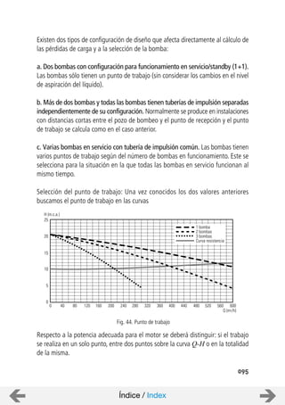 25
20
15
10
5
0
0 40 80 120 160 200 240 280 320 360 400 440 480 520 560 600
Q (m3/h)
H (m.c.a.)
1 bomba
2 bombas
3 bombas
Curva resistencia
095
Existen dos tipos de configuración de diseño que afecta directamente al cálculo de
las pérdidas de carga y a la selección de la bomba:
a. Dos bombas con configuración para funcionamiento en servicio/standby (1+1).
Las bombas sólo tienen un punto de trabajo (sin considerar los cambios en el nivel
de aspiración del líquido).
b. Más de dos bombas y todas las bombas tienen tuberías de impulsión separadas
independientemente de su configuración. Normalmente se produce en instalaciones
con distancias cortas entre el pozo de bombeo y el punto de recepción y el punto
de trabajo se calcula como en el caso anterior.
c. Varias bombas en servicio con tubería de impulsión común. Las bombas tienen
varios puntos de trabajo según del número de bombas en funcionamiento. Este se
selecciona para la situación en la que todas las bombas en servicio funcionan al
mismo tiempo.
Selección del punto de trabajo: Una vez conocidos los dos valores anteriores
buscamos el punto de trabajo en las curvas
Respecto a la potencia adecuada para el motor se deberá distinguir: si el trabajo
se realiza en un solo punto, entre dos puntos sobre la curva Q-H o en la totalidad
de la misma.
Fig. 44. Punto de trabajo
Índice / Index
 