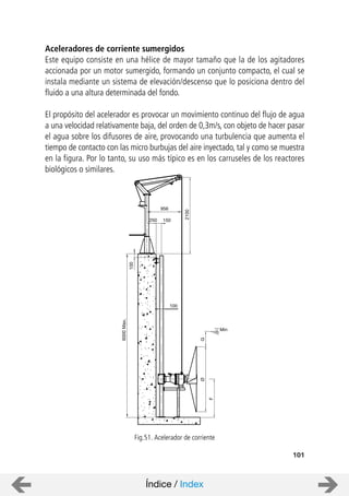 956
250 150
2100
100
u100
6000Max.
GØ
F
Min
101
Aceleradores de corriente sumergidos
Este equipo consiste en una hélice de mayor tamaño que la de los agitadores
accionada por un motor sumergido, formando un conjunto compacto, el cual se
instala mediante un sistema de elevación/descenso que lo posiciona dentro del
fluido a una altura determinada del fondo.
El propósito del acelerador es provocar un movimiento continuo del flujo de agua
a una velocidad relativamente baja, del orden de 0,3m/s, con objeto de hacer pasar
el agua sobre los difusores de aire, provocando una turbulencia que aumenta el
tiempo de contacto con las micro burbujas del aire inyectado, tal y como se muestra
en la figura. Por lo tanto, su uso más típico es en los carruseles de los reactores
biológicos o similares.
Fig.51. Acelerador de corriente
Índice / Index
 