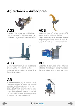 AGS
Los agitadores disponen de una hélice que
provoca la agitación y mezcla del fluido y de
un motor sumergible que acciona dicha hélice.
ACS
Los Aceleradores de Corriente de la serie ACS
constan de una hélice de dos palas
independientes de policarbonato que provoca
la agitación y mezcla del fluido y un motor de
tipo jaula de ardilla que acciona dicha hélice.
BR
Las bombas de recirculación BR son máquinas
hidráulicas diseñadas para trasegar líquidos de
viscosidad baja o media, de un tanque a otro.
AJS
El sistema de aireación Jet esta basado en el
principio Venturi introduciendo un fluido
secundario (aire atmosférico) en el seno de un
fluido primario (agua).
AR
El aireador radial sumergible se compone de
un motor sumergible de la serie ARS, aireador
soplante y mezclador integrado en un solo
bloque. Está formado por un impulsor en forma
de estrella directamente conectado con el eje
del motor, así como de un estator que rodea
al impulsor y un tubo de aspiración.
Agitadores + Aireadores
Índice / Index
 