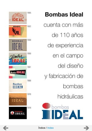 Bombas Ideal
cuenta con más
de 110 años
de experiencia
en el campo
del diseño
y fabricación de
bombas
hidráulicas
1970
1969
1961
1950
1930
1922
1905
1979
Índice / Index
 