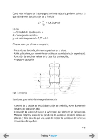 Como valor indicativo de la sumergencia mínima necesaria, podemos adoptar la
que obtendremos por aplicación de la fórmula:
En ella
v = Velocidad del líquido en m / s.
S = Sumergencia en metros.
g = Aceleración gravedad = 9,81 m / s2.
Observaciones por falta de sumergencia:
- Fluctuaciones de caudal, sin merma apreciable en la altura.
- Ruidos y vibraciones,con requerimientos variables de potencia (variación amperímetro).
- Formación de remolinos visibles en la superficie o sumergidos.
- No produce cavitación.
Soluciones, para reducir la sumergencia necesaria:
- Aumento de la sección de entrada (colocación de sombrillas, mayor diámetro de
la tubería de aspiración, etc.)
- Colocación de tabiques flotantes o sumergidos que eliminen las turbulencias.
- Maderas flotantes, alrededor de la tubería de aspiración, así como pelotas de
plástico, y todo aquello que sea capaz de impedir la formación de vórtices o
remolinos en la superficie.
015
S=
v2
2g
(metros)+ 0,5
Fig 6 . Sumergencia
S
Índice / Index
 