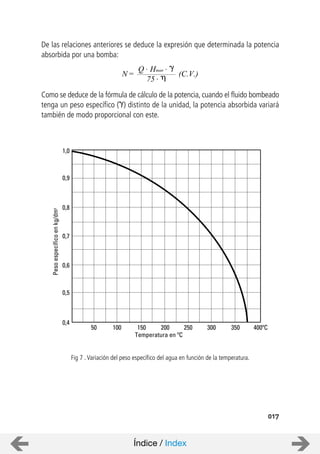 De las relaciones anteriores se deduce la expresión que determinada la potencia
absorbida por una bomba:
Como se deduce de la fórmula de cálculo de la potencia, cuando el fluido bombeado
tenga un peso específico ( ) distinto de la unidad, la potencia absorbida variará
también de modo proporcional con este.
017
Q . Hman .
N= (C.V.)
75 .
Fig 7 .Variación del peso específico del agua en función de la temperatura.
Pesoespecíficoenkg/dm3
Temperatura en ºC
50
0,4
100 150 200 250 300 350 400ºC
0,5
0,6
0,7
0,8
0,9
1,0
Índice / Index
 