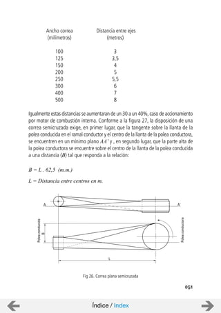 A A’
B
Poleaconducida
Poleaconductora
L
051
Ancho correa Distancia entre ejes
(milímetros) (metros)
100 3
125 3,5
150 4
200 5
250 5,5
300 6
400 7
500 8
Igualmente estas distancias se aumentaran de un 30 a un 40%,caso de accionamiento
por motor de combustión interna. Conforme a la figura 27, la disposición de una
correa semicruzada exige, en primer lugar, que la tangente sobre la llanta de la
polea conducida en el ramal conductor y el centro de la llanta de la polea conductora,
se encuentren en un mínimo plano AA’ y , en segundo lugar, que la parte alta de
la polea conductora se encuentre sobre el centro de la llanta de la polea conducida
a una distancia (B) tal que responda a la relación:
Fig 26. Correa plana semicruzada
B = L . 62,5 (m.m.)
L = Distancia entre centros en m.
Índice / Index
 