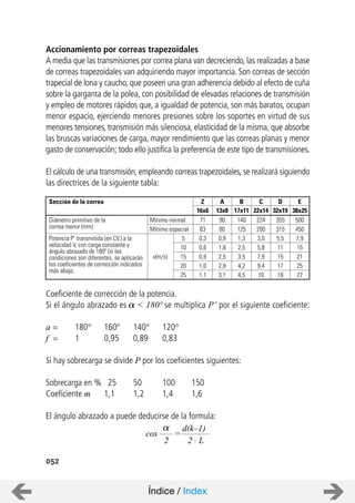 052
Accionamiento por correas trapezoidales
A media que las transmisiones por correa plana van decreciendo, las realizadas a base
de correas trapezoidales van adquiriendo mayor importancia. Son correas de sección
trapecial de lona y caucho, que poseen una gran adherencia debido al efecto de cuña
sobre la garganta de la polea, con posibilidad de elevadas relaciones de transmisión
y empleo de motores rápidos que, a igualdad de potencia, son más baratos, ocupan
menor espacio, ejerciendo menores presiones sobre los soportes en virtud de sus
menores tensiones, transmisión más silenciosa, elasticidad de la misma, que absorbe
las bruscas variaciones de carga, mayor rendimiento que las correas planas y menor
gasto de conservación; todo ello justifica la preferencia de este tipo de transmisiones.
El cálculo de una transmisión, empleando correas trapezoidales, se realizará siguiendo
las directrices de la siguiente tabla:
Coeficiente de corrección de la potencia.
Si el ángulo abrazado es < 180º se multiplica P’ por el siguiente coeficiente:
a = 180° 160º 140° 120°
f = 1 0,95 0,89 0,83
Si hay sobrecarga se divide P por los coeficientes siguientes:
Sobrecarga en % 25 50 100 150
Coeficiente m 1,1 1,2 1,4 1,6
El ángulo abrazado a puede deducirse de la formula:
90 140 355 500
80 125 315 450
0,9 1,3 5,5 7,9
1,8 2,5 11 15
2,5 3,5 15 21
2,9 4,2 17 25
3,1 4,5 18 27
Diámetro primitivo de la
correa menor (mm)
Potencia P’ transmitida (en CV.) a la
velocidad V, con carga constante y
ángulo abrazado de 180º (si las
condiciones son diferentes, se aplicarán
los coeficientes de corrección indicados
más abajo.
Sección de la correa
224
200
3,0
5,8
7,9
9,4
10
71
63
0,3
0,6
0,9
1,0
1,1
13x8 17x11 32x19 38x2522x1416x6
A B D ECZ
Mínimo normal
Mínimo especial
5
10
15
20
25
v(m/s)
cos
2
=
d(k–1)
2 . L
Índice / Index
 