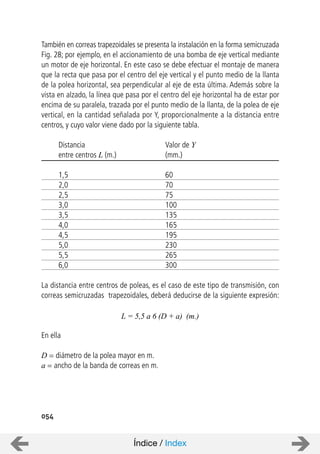 054
También en correas trapezoidales se presenta la instalación en la forma semicruzada
Fig. 28; por ejemplo, en el accionamiento de una bomba de eje vertical mediante
un motor de eje horizontal. En este caso se debe efectuar el montaje de manera
que la recta que pasa por el centro del eje vertical y el punto medio de la llanta
de la polea horizontal, sea perpendicular al eje de esta última. Además sobre la
vista en alzado, la línea que pasa por el centro del eje horizontal ha de estar por
encima de su paralela, trazada por el punto medio de la llanta, de la polea de eje
vertical, en la cantidad señalada por Y, proporcionalmente a la distancia entre
centros, y cuyo valor viene dado por la siguiente tabla.
Distancia Valor de Y
entre centros L (m.) (mm.)
1,5 60
2,0 70
2,5 75
3,0 100
3,5 135
4,0 165
4,5 195
5,0 230
5,5 265
6,0 300
La distancia entre centros de poleas, es el caso de este tipo de transmisión, con
correas semicruzadas trapezoidales, deberá deducirse de la siguiente expresión:
En ella
D = diámetro de la polea mayor en m.
a = ancho de la banda de correas en m.
L = 5,5 a 6 (D + a) (m.)
Índice / Index
 