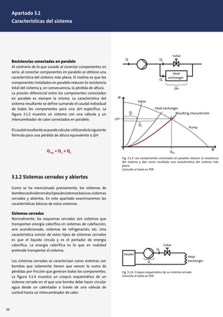 Resistencias conectadas en paralelo
Al contrario de lo que sucede al conectar componentes en
serie, al conectar componentes en paralelo se obtiene una
característica del sistema más plana. El motivo es que los
componentes instalados en paralelo reducen la resistencia
total del sistema y, en consecuencia, la pérdida de altura.
La presión diferencial entre los componentes conectados
en paralelo es siempre la misma. La característica del
sistema resultante se define sumando el caudal individual
de todos los componentes para una ∆H específica. La
figura 3.1.3 muestra un sistema con una válvula y un
intercambiador de calor conectados en paralelo.
Elcaudalresultantesepuedecalcularutilizandolasiguiente
fórmula para una pérdida de altura equivalente a ∆H
Q tot
= Q 1
+ Q2
3.1.2 Sistemas cerrados y abiertos
Como se ha mencionado previamente, los sistemas de
bombeosedividenendostiposdesistemasbásicos:sistemas
cerrados y abiertos. En este apartado examinaremos las
características básicas de estos sistemas.
Sistemas cerrados
Normalmente, los esquemas cerrados son sistemas que
transportan energía calorífica en sistemas de calefacción,
aire acondicionado, sistemas de refrigeración, etc. Una
característica común de estos tipos de sistemas cerrados
es que el líquido circula y es el portador de energía
calorífica. La energía calorífica es lo que en realidad
pretende transportar el sistema.
Los sistemas cerrados se caracterizan como sistemas con
bombas que solamente tienen que vencer la suma de
pérdidas por fricción que generan todos los componentes.
La figura 3.1.4 muestra un croquis esquemático de un
sistema cerrado en el que una bomba debe hacer circular
agua desde un calentador a través de una válvula de
control hasta un intercambiador de calor.
Fig. 3.1.3: Los componentes conectados en paralelo reducen la resistencia
del sistema y dan como resultado una característica del sistema más
plana
Consulte el texto en PDF
Fig. 3.1.4: Croquis esquemático de un sistema cerrado
Consulte el texto en PDF
98
Apartado 3.1
Características del sistema
 