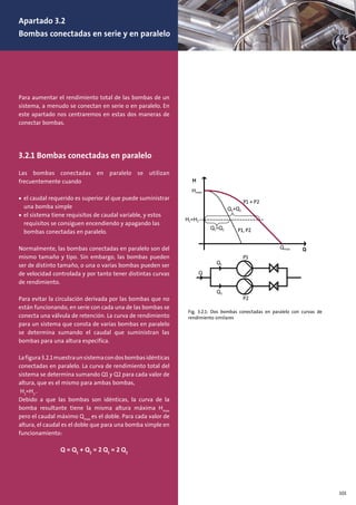 Para aumentar el rendimiento total de las bombas de un
sistema, a menudo se conectan en serie o en paralelo. En
este apartado nos centraremos en estas dos maneras de
conectar bombas.
3.2.1 Bombas conectadas en paralelo
Las bombas conectadas en paralelo se utilizan
frecuentemente cuando
• el caudal requerido es superior al que puede suministrar
una bomba simple
• el sistema tiene requisitos de caudal variable, y estos
requisitos se consiguen encendiendo y apagando las
bombas conectadas en paralelo.
Normalmente, las bombas conectadas en paralelo son del
mismo tamaño y tipo. Sin embargo, las bombas pueden
ser de distinto tamaño, o una o varias bombas pueden ser
de velocidad controlada y por tanto tener distintas curvas
de rendimiento.
Para evitar la circulación derivada por las bombas que no
están funcionando, en serie con cada una de las bombas se
conecta una válvula de retención. La curva de rendimiento
para un sistema que consta de varias bombas en paralelo
se determina sumando el caudal que suministran las
bombas para una altura específica.
Lafigura3.2.1muestraunsistemacondosbombasidénticas
conectadas en paralelo. La curva de rendimiento total del
sistema se determina sumando Q1 y Q2 para cada valor de
altura, que es el mismo para ambas bombas,
H1
=H2
.
Debido a que las bombas son idénticas, la curva de la
bomba resultante tiene la misma altura máxima Hmax
pero el caudal máximo Qmax
es el doble. Para cada valor de
altura, el caudal es el doble que para una bomba simple en
funcionamiento:
Q = Q1
+ Q2
= 2 Q1
= 2 Q2
Fig. 3.2.1: Dos bombas conectadas en paralelo con curvas de
rendimiento similares
101
Apartado 3.2
Bombas conectadas en serie y en paralelo
 