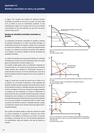 La figura 3.2.2 muestra dos bombas de distintos tamaños
conectadas en paralelo. Al sumar Q1
y Q2
para una altura dada
H1
=H2,
se define la curva de rendimiento resultante. El área
sombreada de la figura 3.2.2 muestra que P1 es la única bomba
suministradora en ese área específica, ya que tiene una altura
máxima mayor que P2.
Bombas de velocidad controlada conectadas en
paralelo
La combinación de bombas conectadas en paralelo y bombas
de velocidad controlada es un modo muy práctico de lograr un
rendimiento eficiente de las bombas cuando varía la demanda
de caudal. Este método es usual en sistemas de abastecimiento
de agua y en sistemas de aumento de presión. Más adelante
en el capítulo 4 se tratará en detalle el tema de las bombas de
velocidad controlada.
Un sistema de bombeo que consta de dos bombas de velocidad
controlada con la misma curva de rendimiento cubre una amplia
gama de rendimientos. Consulte la figura 3.2.3.
Una bomba simple puede cubrir el rendimiento requerido de
la bomba hasta Q1
.Por encima de Q1
ies preciso que funcionen
ambas bombas para satisfacer el rendimiento necesario. Si
ambas bombas funcionan a la misma velocidad, las curvas de la
bomba resultante tendrán el aspecto de las curvas naranja de la
figura 3.2.3.
Tenga en cuenta que el punto de servicio que se indica en Q1
se obtiene con una bomba funcionando a toda velocidad. No
obstante, también se puede conseguir el punto de servicio cuando
las dos bombas funcionan a velocidad reducida. Esta situación se
muestra en la figura 3.2.4 (curvas naranja). En esa figura también
se comparan las dos situaciones en cuanto al rendimiento. El
punto de servicio para una bomba simple funcionando a máxima
velocidad da como resultado un mal rendimiento de la bomba,
principalmente porque el punto de servicio se encuentra distante
en la curva de la bomba. El rendimiento total es mucho mayor
cuando las dos bombas funcionan a velocidad reducida, aunque
el rendimiento máximo de las bombas disminuye ligeramente a
velocidad reducida.
Aún cuando una bomba simple es capaz de mantener el caudal
y la altura requeridos, en ocasiones es necesario usar ambas
bombas a la vez debido a la eficiencia y, por tanto, al consumo
de energía. La utilización de una o las dos bombas depende de
las características reales del sistema y del tipo de bomba en
cuestión.
Fig.3.2.2:Dosbombasconectadasenparaleloconcurvasderendimiento
distintas
Consulte el texto en PDF
Fig. 3.2.3: Dos bombas de velocidad controlada conectadas en paralelo (mismo
tamaño).
La curva naranja muestra el rendimiento a velocidad reducida
Consulte el texto en PDF
Fig. 3.2.4: Una bomba a máxima velocidad comparada con dos bombas a
velocidad reducida. En este caso, las dos bombas tienen el rendimiento
total más alto
Consulte el texto en PDF
Característica
del sistema
Característica
del sistema
Velocidad reducida
P1 + P2
102
Apartado 3.2
Bombas conectadas en serie y en paralelo
 