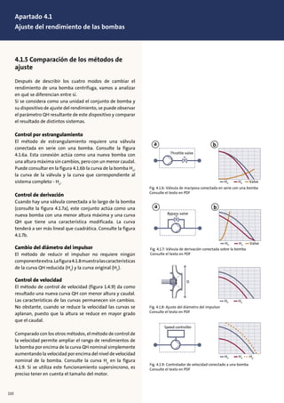 4.1.5 Comparación de los métodos de
ajuste
Después de describir los cuatro modos de cambiar el
rendimiento de una bomba centrífuga, vamos a analizar
en qué se diferencian entre sí.
Si se considera como una unidad el conjunto de bomba y
su dispositivo de ajuste del rendimiento, se puede observar
el parámetro QH resultante de este dispositivo y comparar
el resultado de distintos sistemas.
Control por estrangulamiento
El método de estrangulamiento requiere una válvula
conectada en serie con una bomba. Consulte la figura
4.1.6a. Esta conexión actúa como una nueva bomba con
una altura máxima sin cambios, pero con un menor caudal.
Puede consultar en la figura 4.1.6b la curva de la bomba Hn
,
la curva de la válvula y la curva que correspondiente al
sistema completo - Hx
.
Control de derivación
Cuando hay una válvula conectada a lo largo de la bomba
(consulte la figura 4.1.7a), este conjunto actúa como una
nueva bomba con una menor altura máxima y una curva
QH que tiene una característica modificada. La curva
tenderá a ser más lineal que cuadrática. Consulte la figura
4.1.7b.
Cambio del diámetro del impulsor
El método de reducir el impulsor no requiere ningún
componenteextra.Lafigura4.1.8muestralascaracterísticas
de la curva QH reducida (Hx
) y la curva original (Hn
).
Control de velocidad
El método de control de velocidad (figura 1.4.9) da como
resultado una nueva curva QH con menor altura y caudal.
Las características de las curvas permanecen sin cambios.
No obstante, cuando se reduce la velocidad las curvas se
aplanan, puesto que la altura se reduce en mayor grado
que el caudal.
Comparado con los otros métodos, el método de control de
la velocidad permite ampliar el rango de rendimientos de
la bomba por encima de la curva QH nominal simplemente
aumentando la velocidad por encima del nivel de velocidad
nominal de la bomba. Consulte la curva Hy
en la figura
4.1.9. Si se utiliza este funcionamiento supersíncrono, es
preciso tener en cuenta el tamaño del motor.
sulting performance
will have
ced Q
ced H and changed
ed Q and H
ed Q and H
Overall efficiency
of the pump
system
Considerably
reduced
Slightly reduced
Slightly reduced 65%
67%
110%
94%
Considerably
reduced
Relative power
consumption by 20%
reduction in flow
Hn Hx Valve
Hn Hx Valve
Hn Hx Hy
Hn Hx
e
e
Throttle valve
Bypass valve
Speed controller
D
sulting performance
will have
ced Q
ced H and changed
ed Q and H
ed Q and H
Overall efficiency
of the pump
system
Considerably
reduced
Slightly reduced
Slightly reduced 65%
67%
110%
94%
Considerably
reduced
Relative power
consumption by 20%
reduction in flow
Hn Hx Valve
Hn Hx Valve
Hn Hx Hy
Hn Hx
e
e
Throttle valve
Bypass valve
Speed controller
D
Fig. 4.1.8: Ajuste del diámetro del impulsor
Consulte el texto en PDF
Fig. 4.1.9: Controlador de velocidad conectado a una bomba
Consulte el texto en PDF
sulting performance
will have
ced Q
ced H and changed
ed Q and H
ed Q and H
Overall efficiency
of the pump
system
Considerably
reduced
Slightly reduced
Slightly reduced 65%
67%
110%
94%
Considerably
reduced
Relative power
consumption by 20%
reduction in flow
Hn Hx Valve
Hn Hx Valve
Hn Hx Hy
Hn Hx
e
e
Throttle valve
Bypass valve
Speed controller
D
Fig. 4.1.6: Válvula de mariposa conectada en serie con una bomba
Consulte el texto en PDF
a b
sulting performance
will have
ced Q
ced H and changed
ed Q and H
ed Q and H
Overall efficiency
of the pump
system
Considerably
reduced
Slightly reduced
Slightly reduced 65%
67%
110%
94%
Considerably
reduced
Relative power
consumption by 20%
reduction in flow
Hn Hx Valve
Hn Hx Valve
Hn Hx Hy
Hn Hx
e
e
Throttle valve
Bypass valve
Speed controller
D
Fig. 4.1.7: Válvula de derivación conectada sobre la bomba
Consulte el texto en PDF
a b
110
Apartado 4.1
Ajuste del rendimiento de las bombas
 