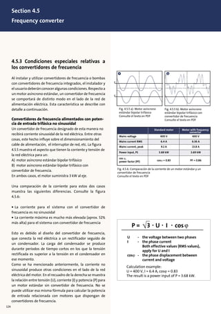 4.5.3 Condiciones especiales relativas a
los convertidores de frecuencia
Al instalar y utilizar convertidores de frecuencia o bombas
con convertidores de frecuencia integrados, el instalador y
elusuariodeberánconoceralgunascondiciones.Respectoa
un motor asíncrono estándar, un convertidor de frecuencia
se comportará de distinto modo en el lado de la red de
alimentación eléctrica. Esta característica se describe con
detalle a continuación.
Convertidores de frecuencia alimentados con poten-
cia de entrada trifásica no sinusoidal
Un convertidor de frecuencia designado de esta manera no
recibirá corriente sinusoidal de la red eléctrica. Entre otras
cosas, este hecho influye sobre el dimensionamiento del
cable de alimentación, el interruptor de red, etc. La figura
4.5.5 muestra el aspecto que tienen la corriente y tensión de
la red eléctrica para un:
A) motor asíncrono estándar bipolar trifásico
B) motor asíncrono estándar bipolar trifásico con
convertidor de frecuencia.
En ambos casos, el motor suministra 3 kW al eje.
Una comparación de la corriente para estos dos casos
muestra las siguientes diferencias. Consulte la figura
4.5.6:
• La corriente para el sistema con el convertidor de
frecuencia es no sinusoidal
• La corriente máxima es mucho más elevada (aprox. 52%
más alta) para el sistema con convertidor de frecuencia
Esto es debido al diseño del convertidor de frecuencia,
que conecta la red eléctrica a un rectificador seguido de
un condensador. La carga del condensador se produce
durante períodos de tiempo cortos en los que la tensión
rectificada es superior a la tensión en el condensador en
ese momento.
Como se ha mencionado anteriormente, la corriente no
sinusoidal produce otras condiciones en el lado de la red
eléctrica del motor. En el recuadro de la derecha se muestra
la relación entre tensión (U), corriente (I) y potencia (P) para
un motor estándar sin convertidor de frecuencia. No se
puede utilizar esa misma fórmula para calcular la potencia
de entrada relacionada con motores que dispongan de
convertidores de frecuencia.
Fig. 4.5.5 a): Motor asíncrono
estándar bipolar trifásico
Consulte el texto en PDF
Fig. 4.5.5 b): Motor asíncrono
estándar bipolar trifásico con
convertidor de frecuencia
Consulte el texto en PDF
Mains voltage 400 V 400 V
Mains current RMS 6.4 A 6.36 A
Mains current, peak 9.1 A 13.8 A
Power input, P1 3.68 kW 3.69 kW
cos ϕ,
power factor (PF) cosϕ = 0.83 PF = 0.86
Standard motor Motor with frequency
converter
Fig. 4.5.6: Comparación de la corriente de un motor estándar y un
convertidor de frecuencia
Consulte el texto en PDF
a b
Section 4.5
Frequency converter
124
 
