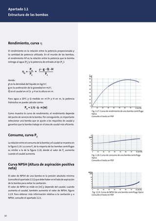 Rendimiento, curva η
El rendimiento es la relación entre la potencia proporcionada y
la cantidad de potencia utilizada. En el mundo de las bombas,
el rendimiento hP es la relación entre la potencia que la bomba
entrega al agua (PH
) y la potencia de entrada al eje (P2
):
donde:
ρ es la densidad del líquido en kg/m3
,
g es la aceleración de la gravedad en m/s2
,
Q es el caudal en m3
/s y H es la altura en m.
Para agua a 20o
C y Q medido en m3
/h y H en m, la potencia
hidráulica se puede calcular como:
Como muestra la curva de rendimiento, el rendimiento depende
del punto de servicio de la bomba. Por consiguiente, es importante
seleccionar una bomba que se ajuste a los requisitos de caudal y
garantice que la bomba trabaje en el área de caudal más eficiente.
Consumo, curva P2
La relación entre el consumo de la bomba y el caudal se muestra en
la figura 1.1.8. La curva P2
de la mayoría de las bombas centrífugas
es similar a la de la figura 1.1.8, donde el valor de P2
aumenta
cuando el caudal aumenta.
Curva NPSH (Altura de aspiración positiva
neta)
El valor de NPSH de una bomba es la presión absoluta mínima
(consulteelapartado2.2.1)quedebehaberenelladodeaspiración
de la bomba para evitar la cavitación.
El valor de NPSH se mide en [m] y depende del caudal; cuando
aumenta el caudal, también aumenta el valor de NPSH; figura
1.1.9. Para obtener más información relativa a la cavitación y a
NPSH, consulte el apartado 2.2.1.
50
60
70
80
40
30
20
10
0
0 10 20 30 40 50 60 70 Q [m3
/h]
η
[%]
8
10
6
4
2
0
0 10 20 30 40 50 60 70 Q [m3
/h]
P2
[kW]
Fig. 1.1.7: Curva de rendimiento de una bomba centrífuga
típica
Consulte el texto en PDF
Fig. 1.1.8: Curva de consumo de una bomba centrífuga
típica
Consulte el texto en PDF
10
0
2
4
6
8
0 10 20 30 40 50 60 70 Q [m3
/h]
NPSH
[m]
ηp
=
PH
P2
=
ρ . g . Q . H
P2
Fig. 1.1.9: Curva de NPSH de una bomba centrífuga típica
Consulte el texto en PDF
PH
= 2.72 . Q . H [W]
10
Apartado 1.1
Estructura de las bombas
 