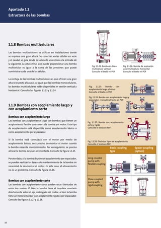 Fig. 1.1.25: Bomba con
acoplamiento largo y básico
Consulte el texto en PDF
Fig. 1.1.26: Bomba con acoplamiento largo y
espaciador . Consulte el texto en PDF
16
1.1.8 Bombas multicelulares
Las bombas multicelulares se utilizan en instalaciones donde
se requiere una gran altura. Se conectan varias células en serie
y el caudal se guía desde la salida de una célula a la entrada de
la siguiente. La altura final que puede proporcionar una bomba
multicelular es igual a la suma de las presiones que puede
suministrar cada una de las células.
La ventaja de las bombas multicelulares es que ofrecen una gran
altura respecto al caudal. Al igual que las bombas monocelulares,
las bombas multicelulares están disponibles en versión vertical y
horizontal. Consulte las figuras 1.1.23 y 1.1.24.
1.1.9 Bombas con acoplamiento largo y
con acoplamiento corto
Bombas con acoplamiento largo
Las bombas con acoplamiento largo son bombas que tienen un
acoplamiento flexible que conecta la bomba y el motor. Este tipo
de acoplamiento está disponible como acoplamiento básico o
como acoplamiento por espaciador.
Si la bomba está conectada con el motor por medio de
acoplamiento básico, será preciso desmontar el motor cuando
la bomba necesite mantenimiento. Por consiguiente, se precisa
alinear la bomba después de montarla. Consulte la figura 1.1.25.
Porotrolado,silabombadisponedeacoplamientoporespaciador,
se pueden realizar las tareas de mantenimiento de la bomba sin
necesidad de desmontar el motor. En este caso, el alineamiento
no es un problema. Consulte la figura 1.1.26.
Bombas con acoplamiento corto
Las bombas con acoplamiento corto pueden estar fabricadas de
estos dos modos: O bien la bomba tiene el impulsor montado
directamente sobre el eje prolongado del motor, o bien la bomba
tiene un motor estándar y un acoplamiento rígido o por espaciador.
Consulte las figuras 1.1.27 y 1.1.28.
Fig. 1.1.24: Bomba de aspiración
axial multicelular horizontal
Consulte el texto en PDF
Fig. 1.1.23: Bomba en línea
multicelular vertical
Consulte el texto en PDF
Fig. 1.1.27: Bomba con acoplamiento
corto y rígido
Consulte el texto en PDF
Basic coupling
type
Long-coupled
pump with
flexible coupling
Close-coupled
pump with
rigid coupling
Spacer coupling
(option)
Fig. 1.1.28: Distintos tipos de acoplamiento
Consulte el texto en PDF
Apartado 1.1
Estructura de las bombas
 