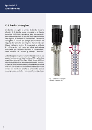 1.2.6 Bombas sumergibles
Una bomba sumergible es un tipo de bomba donde la
selección de la bomba queda sumergida en el líquido
bombeado y el motor permanece seco. Normalmente,
las bombas sumergibles se instalan en la parte superior
o en la pared de depósitos o contenedores. Las bombas
sumergibles se utilizan, por ejemplo en la industria de
máquinas herramienta, en máquinas herramienta con
chispas, moledoras, centros de mecanizado y unidades
de refrigeración, así como en otras aplicaciones
industriales que emplean depósitos o contenedores,
como sistemas de filtrado y limpieza industrial.
Las bombas para máquinas herramienta se dividen en dos
grupos: bombas para el lado limpio del filtro y bombas
para el lado sucio del filtro. Para el lado limpio del filtro,
normalmente se utilizan bombas con impulsores cerrados,
yaqueofrecenunaltorendimientoyunaaltapresiónsifuera
necesario.Paraelladosuciodelfiltronormalmenteseutilizan
bombas con impulsores abiertos o semiabiertos porque
pueden procesar partículas e impurezas ferromagnéticas.
Fig. 1.2.16: Bomba sumergible
Consulte el texto en PDF
22
Apartado 1.2
Tipo de bombas
 