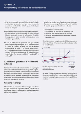 36
• El carbón impregnado con metal (A) ofrece una limitada
resistencia a la corrosión pero una mejor resistencia
mecánica y conductividad del calor y, por lo tanto, se
reduce el desgaste
• Con menor resistencia mecánica pero mayor resistencia
a la corrosión, el carbón impregnado de resina sintética
B) cubre un amplio campo de aplicaciones. El carbón
impregnado en resina sintética está aprobado para
el uso con agua potable.
• El uso de carbón/SiC en aplicaciones con agua caliente
podría originar un gran desgaste del SiC, dependiendo de
la calidad del carbón y del agua. Este tipo de desgaste
principalmente se aplica a Q1
S
/carbon.El uso de Q1
P
,
Q 1
G
o una pareja carbón/WC origina un desgaste mucho
menor. Por lo tanto, para sistemas de agua caliente se
recomiendan las parejas carbón/WC carbon/Q1
P
o
carbon/Q1
G
1.3.5 Factores que afectan al rendimiento
del cierre
Como se ha mencionado anteriormente, no hay ningún
cierrequeseatotalmenteestanco.Enlassiguientespáginas,
presentaremos los factores que afectan al rendimiento de
loscierres:consumodeenergía,ruidoyfugas.Estosfactores
se presentarán por separado. Sin embargo, es importante
resaltar que están íntimamente interrelacionados y deben
tenerse en cuenta en su conjunto.
Consumo de energía
Obviamente, es necesario utilizar energía para hacer
que gire el cierre. Los siguientes factores contribuyen al
consumo de energía y constituyen las pérdidas de energía
de un cierre mecánico:
• La acción del bombeo centrífugo de las piezas giratorias.
El consumo aumenta significativamente con la velocidad
de rotación (proporcional a la tercera potencia)
• La fricción de las caras del cierre.
La fricción entre las dos caras del cierre consta de
– la fricción en la delgada película de líquido y
– la fricción debida a los puntos de contacto entre las
caras del cierre.
El nivel de consumo energía depende del diseño del cierre,
de las condiciones de lubricación y de los materiales entre
las caras del cierre.
La figura 1.3.18 es un ejemplo típico del consumo de un
cierre mecánico. Esta figura muestra que hasta 3600 rpm la
fricción es la causa principal del consumo de energía del cierre
mecánico.
Speed (rpm)
0
0
50
100
150
200
250
2000 4000 6000 8000 10000 12000
Power loss (W)
3600
Pumping
action
Friction
Fig. 1.3.18: Consumo de energía de un cierre
mecánico de 12 mm
Consulte el texto en PDF
Speed (rpm)
0
0
50
100
150
200
250
2000 4000 6000 8000 10000 12000
Power loss (W)
3600
Pumping
action
Friction
Apartado 1.3
Componentes y funciones de los cierres mecánicos
 