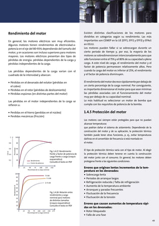 Rendimiento del motor
En general, los motores eléctricos son muy eficientes.
Algunos motores tienen rendimientos de electricidad-a-
potencia en el eje del 80-93% dependiendo del tamaño del
motor, y en ocasiones son incluso superiores para motores
mayores. Los motores eléctricos presentan dos tipos de
pérdidas de energía: pérdidas dependientes de la carga y
pérdidas independientes de la carga.
Las pérdidas dependientes de la carga varían con el
cuadrado de la intensidad y abarcan:
• Pérdidas en el devanado del estator (pérdidas en
el cobre)
• Pérdidas en el rotor (pérdidas de deslizamiento)
• Pérdidas espúreas (en distintas partes del motor)
Las pérdidas en el motor independientes de la carga se
refieren a:
• Perdidas en el hierro (perdidas en el núcleo)
• Perdidas mecánicas (fricción)
Existen distintas clasificaciones de los motores para
dividirlos en categorías según su rendimiento. Las más
importantes son CEMEP en la UE (EFF1, EFF2 y EFF3) y EPAct
en EEUU.
Los motores pueden fallar si se sobrecargan durante un
cierto periodo de tiempo y, por eso, la mayoría de los
motores se sobredimensionan intencionadamente para que
sólo funcionen entre el 75% y el 80% de su capacidad a plena
carga. A este nivel de carga, el rendimiento del motor y el
factor de potencia permanecen relativamente altos. Pero
cuando la carga del motor es inferior al 25%, el rendimiento
y el factor de potencia disminuyen.
Elrendimientodelmotordecrecerápidamentepordebajode
un cierto porcentaje de la carga nominal. Por consiguiente,
es importante dimensionar el motor para que sean mínimas
las pérdidas asociadas con el funcionamiento del motor
muy por debajo de su capacidad nominal.
Lo más habitual es seleccionar un motor de bomba que
cumpla con los requisitos de potencia de la bomba.
1.4.5 Protección del motor
Los motores casi siempre están protegidos para que no puedan
alcanzar temperaturas
que podrían dañar el sistema de aislamiento. Dependiendo de la
construcción del motor y de su aplicación, la protección térmica
también puede tener otras funciones, p. ej., evitar temperaturas
dañinas en el convertidor de frecuencia si está montado en
el motor.
El tipo de protección térmica varía con el tipo de motor. Al elegir
la protección térmica deben tenerse en cuenta la construcción
del motor junto con el consumo. En general, los motores deben
protegerse frente a las siguientes condiciones:
Errores que originan lentos incrementos de la tem-
peratura en los devanados:
• Sobrecarga lenta
• Periodos de arranque largos
• Refrigeración reducida / falta de refrigeración
• Aumento de la temperatura ambiente
• Arranques y paradas frecuentes
• Fluctuación de la frecuencia
• Fluctuación de la tensión
Errores que causan aumentos de temperatura rápi-
dos en los devanados:
• Rotor bloqueado
• Fallo de una fase
Porcentaje de la carga nominal
Porcentaje
0 25 50 75 150125100
100
20
40
60
80
1
0.2
0.4
0.6
0.8
Rendimiento
Factor de potencia
Cosϕ
Porcentaje de la carga nominal
0 25 50 75 150125 175100
100
20
10
0
30
50
90
80
75 kW
7.5 kW
0.75 kW
70
60
40
Rendimiento%
Fig. 1.4.17: Rendimiento
frente a factor de potencia de
carga frente a carga (croquis
esquemático)
Consulte el texto en PDF
Fig. 1.4.18: Relación entre
rendimiento y carga
nominal para motores
de distintos tamaños
(croquis esquemático)
Consulte el texto en PDF
49
 