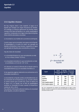 Apartado 1.5
Líquidos
1.5.1 Líquidos viscosos
No hay ninguna duda a este respecto: el agua es el
líquido que manejan con mayor frecuencia las bombas.
Sin embargo, en diversas aplicaciones las bombas deben
manejar otros tipos de líquidos, p. ej., aceite, propilenglicol
o gasolina. Comparados con el agua, estos tipos de líquidos
tienen distinta densidad y viscosidad.
La viscosidad es una medida de la consistencia del líquido.
Cuanto mayor sea la viscosidad, más espeso será el líquido.
El propilenglicol y el aceite de motor son ejemplos de
líquidos consistentes y muy viscosos. La gasolina y el agua
son ejemplos de líquidos poco consistentes y viscosos.
Hay dos clases de viscosidad:
• La viscosidad dinámica (µ), que normalmente se mide
en Pa⋅s o Poise. (1 Poise = 0.1 Pa⋅s)
• La viscosidad cinemática (ν), que normalmente se mide
en centiStokes o m2
/s (1 cSt = 10-6
m2
/s)
A la derecha se muestra la fórmula de la relación entre la
viscosidad dinámica (µ) y la viscosidad cinemática (ν)
En las siguientes páginas solamente nos centraremos en la
viscosidad cinemática (ν).
La viscosidad de un líquido cambia considerablemente con
las variaciones de la temperatura: p. ej., el aceite caliente
es menos viscoso que el aceite frío. Como se deduce de
la figura 1.5.1, un líquido con el 50% de propilenglicol
aumenta su viscosidad 10 veces cuando la temperatura
cambia de +20 a –20 oC.
Para obtener información adicional relativa a la viscosidad
de los líquidos, consulte el apéndice L.
54
ν =
µ
ρ
ρ = densidad del
líquido
Kinematic
viscosity
ν [cSt]
Density
ρ [kg/m3]
Liquid
temperature
t [˚C]
Liquid
Water 20 998 1.004
Gasoline 20 733 0.75
Olive oil 20 900 93
50% Propylene glycol 20 1043 6.4
50% Propylene glycol -20 1061 68.7
Fig. 1.5.1: Comparación de valores de viscosidad para el agua y otros
líquidos. También se muestran los valores de densidad y las temperaturas
Consulte el texto en PDF
 