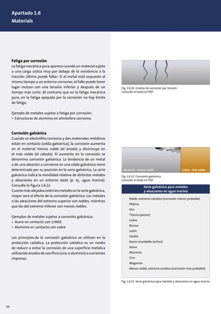 1. Design of pumps and motors
1.1 Pump construction, (10)
<
Fatiga por corrosión
La fatiga mecánica pura aparece cuando un material sujeto
a una carga cíclica muy por debajo de la resistencia a la
tracción última puede fallar. Si el metal está expuesto al
mismo tiempo a un entorno corrosivo, el fallo puede tener
lugar incluso con una tensión inferior y después de un
tiempo más corto. Al contrario que en la fatiga mecánica
pura, en la fatiga apoyada por la corrosión no hay límite
de fatiga.
Ejemplo de metales sujetos a fatiga por corrosión:
• Estructuras de aluminio en atmósfera corrosiva
Corrosión galvánica
Cuando un electrólito corrosivo y dos materiales metálicos
están en contacto (celda galvánica), la corrosión aumenta
en el material menos noble (el ánodo) y disminuye en
el más noble (el cátodo). El aumento en la corrosión se
denomina corrosión galvánica. La tendencia de un metal
o de una aleación a corroerse en una celda galvánica viene
determinada por su posición en la serie galvánica. La serie
galvánica indica la movilidad relativa de distintos metales
y aleaciones en un entorno dado (p. ej., agua marina).
Consulte la figura 1.6.12.
Cuantomásalejadosesténlosmetalesenlaseriegalvánica,
mayor será el efecto de la corrosión galvánica. Los metales
o las aleaciones del extremo superior son nobles, mientras
que los del extremo inferior son menos nobles.
Ejemplos de metales sujetos a corrosión galvánica:
• Acero en contacto con 1.4401
• Aluminio en contacto con cobre
Los principios.de la corrosión galvánica se utilizan en la
protección catódica. La protección catódica es un medio
de reducir o evitar la corrosión de una superficie metálica
utilizandoánodosdesacrificio(cincoaluminio)ocorrientes
impresas.
Serie galvánica para metales
y aleaciones en agua marina
Noble, extremo catodico (corrosión menos probable)
Platino
Oro
Titanio (pasivo)
Cobre
Bronce
Latón
Estaño
Acero inoxidable (activo)
Acero
Aluminio
Cinc
Magnesio
Menos noble, extremo anódico (corrosión más probable)
Fig. 1.6.10: Grietas de corrosión por tensión
Consulte el texto en PDF
Fig. 1.6.12: Corrosión galvánica
Consulte el texto en PDF
Fig. 1.6.13: Serie galvánica para metales y aleaciones en agua marina
Aluminio - menos noble Cobre - más noble
64
Apartado 1.6
Materials
 