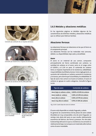 1.6.3 Metales y aleaciones metálicas
En las siguientes páginas se detallan algunas de las
características de distintos metales y aleaciones metálicas
que se utilizan para fabricar bombas
Aleaciones ferrosas
Las aleaciones ferrosas son aleaciones en las que el hierro es
el componente principal.
Las aleaciones ferrosas son los materiales más comunes,
debido a su disponibilidad, bajo coste y versatilidad.
Acero
El acero es un material de uso común, compuesto
principalmente de hierro combinado con carbono. La
cantidad de carbono en el acero varía en el rango entre
el 0,003% y el 1,5% en peso. El contenido de carbono
tiene un impacto importante en la resistencia, soldabilidad,
maquinabilidad, ductilidad y dureza. Como regla general, un
aumento del contenido en carbono aumenta la resistencia
y la dureza, pero disminuye la ductilidad y la soldabilidad. El
tipo de acero más común es el acero al carbono. El acero al
carbono se agrupa en cuatro categorías. Consulte la figura
1.6.14.
El acero está disponible en estado fraguado y colado.
En general, las características de las piezas de acero colado
(fundido) son muy comparables a las de acero fraguado. La
ventaja más obvia del acero es que resulta relativamente
económico de fabricar, dar forma y procesar. Por otro lado,
la desventaja del acero es que su resistencia a la corrosión es
relativamentebajasisecomparaconmaterialesalternativos
como el acero inoxidable.
Corrosión por cavitación de un impulsor de bronce
Corrosión por erosión de un impulsor de hierro fundido
Corrosión por picaduras de EN 1.4401 (AISI 316)
Corrosión intergranular del
acero inoxidable
Corrosión intersticial
de EN 1.4462 (SAF
2205)
1 mm
Tipo de acero Contenido de carbono
Acero bajo en carbono o dulce 0.003% al 0.30% de carbono
Acero medio en carbono 0.30% al 0.45% de carbono
Acero alto en carbono 0.45% al 0.75% de carbono
Acero muy alto en carbono 0.75% al 1.50% de carbono
Fig. 1.6.14: Cuatro tipos de acero al carbono
65
 