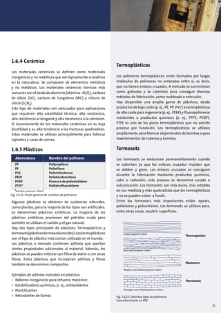 1.6.4 Cerámica
Los materiales cerámicos se definen como materiales
inorgánicos y no metálicos que son típicamente cristalinos
en la naturaleza. Se componen de elementos metálicos
y no metálicos. Los materiales cerámicos técnicos más
comunes son el óxido de aluminio (alúmina -Al2
O3
), carburo
de silicio (SiC), carburo de tungsteno (WC) y nitruro de
silicio (Si3
N4
).
Este tipo de materiales son adecuados para aplicaciones
que requieren alta estabilidad térmica, alta resistencia,
alta resistencia al desgaste y alta resistencia a la corrosión.
El inconveniente de los materiales cerámicos en su baja
ductilidad y su alta tendencia a las fracturas quebradizas.
Estos materiales se utilizan principalmente para fabricar
cojinetes y caras de cierres.
1.6.5 Plásticos
Algunos plásticos se obtienen de sustancias naturales,
como plantas, pero la mayoría de los tipos son artificiales.
Se denominan plásticos sintéticos. La mayoría de los
plásticos sintéticos provienen del petróleo crudo pero
también se utilizan el carbón y el gas natural.
Hay dos tipos principales de plásticos: Termoplásticos y
termosets(plásticostermoendurecidos).Lostermoplásticos
son el tipo de plástico más común utilizado en el mundo.
Los plásticos a menudo contienen aditivos que aportan
ciertas propiedades adicionales al material. Además, los
plásticos se pueden reforzar con fibra de vidrio o con otras
fibras. Estos plásticos que incorporan aditivos y fibras
también se denominan composites.
Ejemplos de aditivos incluidos en plásticos
• Rellenos inorgánicos para refuerzo mecánico
• Estabilizadores químicos, p. ej., antioxidantes
• Plastificantes
• Retardantes de llamas
Termoplásticos
Los polímeros termoplásticos están formados por largas
moléculas de polímeros no enlazadas entre sí, es decir,
que no tienen enlaces cruzados. A menudo se suministran
como gránulos y se calientan para conseguir diversos
métodos de fabricación, como moldeado o extrusión.
Hay disponible una amplia gama de plásticos, desde
productos de bajo coste (p. ej., PE, PP, PVC) a termoplásticos
de alto coste para ingeniería (p. ej., PEEK) y fluoropolímeros
resistentes a productos químicos (p. ej., PTFE, PVDF).
PTFE es uno de los pocos termoplásticos que no admite
proceso por fundición. Los termoplásticos se utilizan
ampliamente para fabricar alojamientos de bombas o para
revestimientos de tuberías y bombas.
Termosets
Los termosets se endurecen permanentemente cuando
se calientan ya que los enlaces cruzados impiden que
se doblen y giren. Los enlaces cruzados se consiguen
durante la fabricación mediante productos químicos,
calor o radiación; este proceso se denomina curado o
vulcanización. Los termosets son más duros, más estables
en sus medidas y más quebradizos que los termoplásticos
y no se pueden volver a fundir.
Entre los termosets más importantes están: epoxis,
poliésteres y poliuretanos. Los termosets se utilizan para,
entre otras cosas, recubrir superficies.
PP
PE
PVC
PEEK
PVDF
PTFE*
Abreviatura Nombre del polímero
Polipropileno
Polietileno
Polivinilocloruro
Polieteretercetona
Fluoruro de polivinelideno
Politetrafluoretileno
*Nombre comercial: Teflon®
Linear polymer chains
Thermoplastics
Elastomers
Thermosets
Branched polymer chains
Weakly cross-linked polymer chains
Strongly cross-linked polymer chains
Fig. 1.6.22: Distintos tipos de polímeros
Consulte el texto en PDF
Fig. 1.6.21: Visión general de nombres de polímeros
71
 