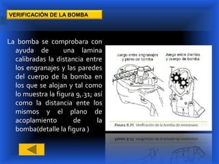 VERIFICACIÓN DE LA BOMBA



La bomba se comprobara con
  ayuda de         una lamina
  calibradas la distancia entre
  los engranajes y las paredes
  del cuerpo de la bomba en
  los que se alojan y tal como
  lo muestra la figura 9,.31; así
  como la distancia ente los
  mismos y el plano de
  acoplamiento        de       la
  bomba(detalle la figura )
 