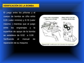 VERIFICACIÓN DE LA BOMBA


El juego entre los piñones y el
cuerpo de bomba se cifra entre
0,05 (valor mínimo) y 0.10 (valor
máximo ) mientras que el juego
entre   los   engranajes     y   la
superficie de apoyo de la bomba
se establece de 0.02       a 0.08 .
Verificando   el   manual        de
reparación de su maquina
 