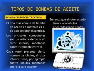 TIPOS DE BOMBAS DE ACEITE
BOMBA DE ROTOR (TROCOIDAL
                                  En tanto que el rotor exterior
El tipo mas comun de bomba          tiene cinco lobulos
   de aceite en motores es el       orientados hacia dentro.
   de tipo de rotor excentrico.
Los pricipales componetes
   son un rotor externo y un
   rotor interno, montados
   excentricamente entre si .
Cada rotor presenta cierto
   numero de lobulos, el rotor
   interior tiene, por ejemplo
   cuatro lobulos montados
   sobre la cara exterior
 