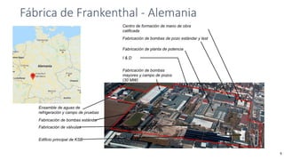 Fábrica de Frankenthal - Alemania
6
Ensamble de aguas de
refrigeración y campo de pruebas
Fabricación de bombas
mayores y campo de pozos
(30 MW)
I & D
Fabricación de bombas de pozo estándar y test
Centro de formación de mano de obra
calificada
Fabricación de bombas estándar
Fabricación de válvulas
Fabricación de planta de potencia
Edificio principal de KSB
 