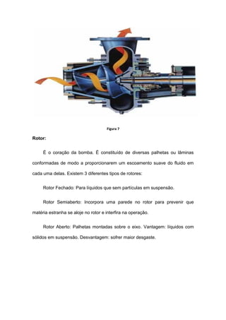 Figura 7
Rotor:
É o coração da bomba. É constituído de diversas palhetas ou lâminas
conformadas de modo a proporcionarem um escoamento suave do fluido em
cada uma delas. Existem 3 diferentes tipos de rotores:
Rotor Fechado: Para líquidos que sem partículas em suspensão.
Rotor Semiaberto: Incorpora uma parede no rotor para prevenir que
matéria estranha se aloje no rotor e interfira na operação.
Rotor Aberto: Palhetas montadas sobre o eixo. Vantagem: líquidos com
sólidos em suspensão. Desvantagem: sofrer maior desgaste.
 
