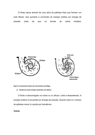 O fluido escoa através de uma série de palhetas fixas que formam um
anel difusor. Isso aumenta a conversão da energia cinética em energia de
pressão (mais do que na bomba de voluta simples).
Figura 5: Escoamento dentro de uma bomba centrífuga.
a) Bomba de voluta simples; b) Bomba com difusor.
O fluido é descarregado na voluta ou no difusor, onde é desacelerado. A
energia cinética é convertida em energia de pressão. Quanto maior é o número
de palhetas menor é a perda por turbulência.
Voluta:
 