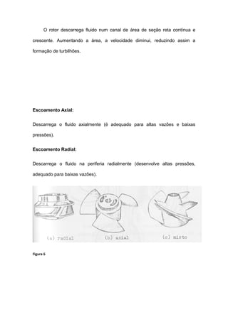 O rotor descarrega fluido num canal de área de seção reta contínua e
crescente. Aumentando a área, a velocidade diminui, reduzindo assim a
formação de turbilhões.
Escoamento Axial:
Descarrega o fluido axialmente (é adequado para altas vazões e baixas
pressões).
Escoamento Radial:
Descarrega o fluido na periferia radialmente (desenvolve altas pressões,
adequado para baixas vazões).
Figura 6
 