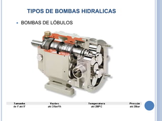 TIPOS DE BOMBAS HIDRALICAS
 BOMBAS DE LÓBULOS
 