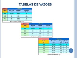 TABELAS DE VAZÕES
Obtenha 61 Litros
Vazão Des. Volu Rotação Efic.Volm
Q Des rpm hvol
lpm cm³/rot min-1 %
32,9 61 600 90
36,6 61 600 100
54,8 61 1000 90
61,0 61 1000 100
Pressão máxima 225 Kg/ cm³
Obtenha 43 litros
Vazão Des. Volu Rotação Efic.Volm
Q Des rpm hvol
lpm cm³/rot min-1 %
23,2 43 600 90
25,8 43 600 100
38,7 43 1000 90
43,0 43 1000 100
Pressão máxima 280 Kg/ cm³
Obtenha 82 Litros
Vazão Des. Volu Rotação Efic.Volm
Q Des rpm hvol
lpm cm³/rot min-1 %
45,2 83,68 600 90
50,2 83,68 600 100
75,3 83,68 1000 90
83,7 83,68 1000 100
Pressão máxima 200Kg/ cm³
 