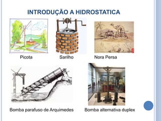 INTRODUÇÃO A HIDROSTATICA
Picota Sarilho Nora Persa
Bomba parafuso de Arquimedes Bomba alternativa duplex
 