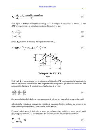 BOMBAS CENTRIFUGAS
                                                                                                    10




       H n H u − perdidas hidraulicas
ηh =      =                                                                                        (28)
       Hu             Hu

En la figura 7 AED es el triángulo de Euler; y AFD el triángulo de velocidad a la entrada. El área
AFB es proporcional a la potencia comunicarla al impulsor, ya que:

     u 2 Cu 2
Hu =                                                                                               (29)
         g
Q = Cm 2 .A2                                                                                       (30)

donde A2, es el área de descarga del impulsor normal a Cm2.

                u 2 Cu 2                C C
P = QγH u =              xCm 2 .γ . A2 = u 2 m 2 xK                                                (31)
                    g                       2




                                                  figura 7


En la cual K es una constante; por consiguiente, el triángulo AFB es proporcional a la potencia de
entrada. De manera similar el área AEC es proporcional a la potencia que produce la altura útil. Por
consiguiente, el cociente de las dos áreas es la eficiencia de la vena:

         '
AFB H i Cu 2
   =   =                                                                                           (32)
AEC H e Cu 2

O sea que el triángulo de Euler se toma como punto de referencia y los rendimientos se refieren a él.

Además de las pérdidas de carga existen pérdidas de capacidad, debido a las fugas que existen en los
espacios entre partes rotatorias y estacionarias de las bombas.

El caudal en la descarga de la bomba es menor que en la succión y también, es menor que el caudal
que pasa por el impulsor. El cociente de los dos caudales se llama rendimiento volumétrico:

Q    Q
  =        = ηV                                                                                    (33)
Qi Q + Q L


                                                                             Catedra de Máquinas Hidráulicas
 