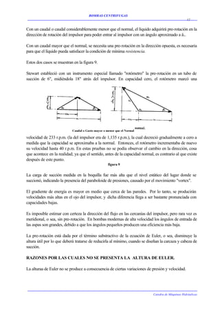 BOMBAS CENTRIFUGAS
                                                                                                    12


Con un caudal o caudal considerablemente menor que el normal, el líquido adquirirá pre-rotación en la
dirección de rotación del impulsor para poder entrar al impulsor con un ángulo aproximado a â1.

Con un caudal mayor que el normal, se necesita una pre-rotación en la dirección opuesta, es necesaria
para que el líquido pueda satisfacer la condición de mínima resistencia.

Estos dos casos se muestran en la figura 9.

Stewart estableció con un instrumento especial llamado "rotómetro" la pre-rotación en un tubo de
succión de 6", midiéndola 18" atrás del impulsor. En capacidad cero, el rotómetro marcó una




velocidad de 233 r.p.m. (la del impulsor era de 1,135 r.p.m.), la cual decreció gradualmente a cero a
medida que la capacidad se aproximaba a la normal. Entonces, el rotómetro incrementaba de nuevo
su velocidad hasta 40 r.p.m. En estas pruebas no se podía observar el cambio en la dirección, cosa
que acontece en la realidad; ya que el sentido, antes de la capacidad normal, es contrario al que existe
después de este punto.
                                                 figura 9


La carga de succión medida en la boquilla fue más alta que el nivel estático del lugar donde se
succionó, indicando la presencia del paraboloide de presiones, causado por el movimiento "vortex".

El gradiente de energía es mayor en medio que cerca de las paredes. Por lo tanto, se producirán
velocidades más altas en el ojo del impulsor, y dicha diferencia llega a ser bastante pronunciada con
capacidades bajas.

Es imposible estimar con certeza la dirección del flujo en las cercanías del impulsor, pero rara vez es
meridional, o sea, sin pre-rotación. En bombas modernas de alta velocidad los ángulos de entrada de
las aspas son grandes, debido a que los ángulos pequeños producen una eficiencia más baja.

La pre-rotación está dada por el término substractivo de la ecuación de Euler, o sea, disminuye la
altura útil por lo que deberá tratarse de reducirla al mínimo, cuando se diseñan la carcaza y cabeza de
succión.

RAZONES POR LAS CUALES NO SE PRESENTA LA ALTURA DE EULER.

La alturaa de Euler no se produce a consecuencia de ciertas variaciones de presión y velocidad.




                                                                             Catedra de Máquinas Hidráulicas
 