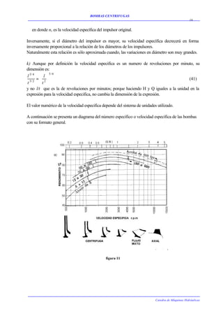 BOMBAS CENTRIFUGAS
                                                                                                   16


   en donde ns es la velocidad específica del impulsor original.

Inversamente, si el diámetro del impulsor es mayor, su velocidad específica decrecerá en forma
inversamente proporcional a la relación de los diámetros de los impulsores.
Naturalmente esta relación es sólo aproximada cuando, las variaciones en diámetro son muy grandes.

k) Aunque por definición la velocidad especifica es un numero de revoluciones por minuto, su
dimensión es:
               3 /4
l 3/ 4  l 
      =                                                                                (41)
t 3/ 2  t 2 
y no l/t que es la de revoluciones por minutos; porque haciendo H y Q iguales a la unidad en la
expresión para la velocidad especifica, no cambia la dimensión de la expresión.

El valor numérico de la velocidad especifica depende del sistema de unidades utilizado.

A continuación se presenta un diagrama del número específico o velocidad específica de las bombas
con su formato general.




                                               figura 11




                                                                            Catedra de Máquinas Hidráulicas
 