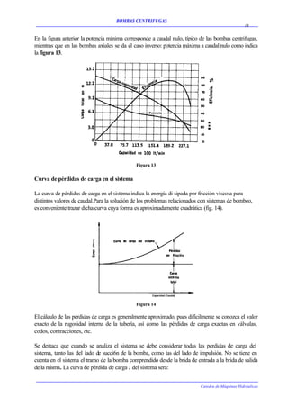BOMBAS CENTRIFUGAS
                                                                                                  18


En la figura anterior la potencia mínima corresponde a caudal nulo, típico de las bombas centrifugas,
mientras que en las bombas axiales se da el caso inverso: potencia máxima a caudal nulo como indica
la figura 13.




                                              Figura 13


Curva de pérdidas de carga en el sistema

La curva de pérdidas de carga en el sistema indica la energía di sipada por fricción viscosa para
distintos valores de caudal.Para la solución de los problemas relacionados con sistemas de bombeo,
es conveniente trazar dicha curva cuya forma es aproximadamente cuadrática (fig. 14).




                                              Figura 14

El cálculo de las pérdidas de carga es generalmente aproximado, pues difícilmente se conozca el valor
exacto de la rugosidad interna de la tubería, así como las pérdidas de carga exactas en válvulas,
codos, contracciones, etc.

Se destaca que cuando se analiza el sistema se debe considerar todas las pérdidas de carga del
sistema, tanto las del lado de succi6n de la bomba, como las del lado de impulsión. No se tiene en
cuenta en el sistema el tramo de la bomba comprendido desde la brida de entrada a la brida de salida
de la misma. La curva de pérdida de carga J del sistema será:


                                                                           Catedra de Máquinas Hidráulicas
 
