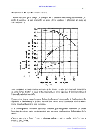 BOMBAS CENTRIFUGAS
                                                                                                 20


Determinación del caudal de funcionamiento

Teniendo en cuenta que la energía (H) entregada por la bomba es consumida por el sistema (J), el
punto de equilibrio se dará solamente con estos valores igualados y determinará el caudal de
funcionamiento Qf.




                                             Figura 16


Si se superponen los comportamientos energéticos del sistema y bomba, se obtiene en la intersección
de ambas curvas, el salto y el caudal de funcionamiento, así como la potencia de accionamiento y por
lo tanto el rendimiento asociado.

Para un mismo sistema pueden instalarse distintas bombas con el mismo caudal de funcionamiento. Es
importante el rendimiento y la potencia en cada caso, ya que mayor consumo en potencia para el
mismo caudal significa mayor costo en energía.

Si el sistema permite variaciones de niveles, se tendrá, por consiguiente, variaciones del caudal
bombeado, en muchos casos esto es necesario tener en cuenta en el momento de la elección de la
bomba.

Como se aprecia en la figura 17 , para el mismo Qf y el Qmínimo para la bomba 1 será Q1, y para la
bomba 2 será Q2<<Q1.


                                                                          Catedra de Máquinas Hidráulicas
 