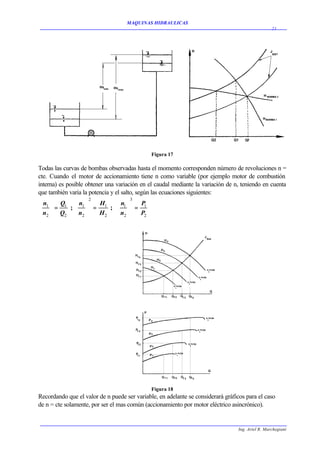 MAQUINAS HIDRAULICAS
                                                                                                  21




                                              Figura 17

Todas las curvas de bombas observadas hasta el momento corresponden número de revoluciones n =
cte. Cuando el motor de accionamiento tiene n como variable (por ejemplo motor de combustión
interna) es posible obtener una variación en el caudal mediante la variación de n, teniendo en cuenta
que también varia la potencia y el salto, según las ecuaciones siguientes:
                    2                3
 n1  Q1  n1  H   n    P
 =      ;  = 1 ;  1 = 1
n  Q     n       n 
 2    2   2  H2   2  P2




                                              Figura 18
Recordando que el valor de n puede ser variable, en adelante se considerará gráficos para el caso
de n = cte solamente, por ser el mas común (accionamiento por motor eléctrico asincrónico).


                                                                                 Ing. Ariel R. Marchegiani
 