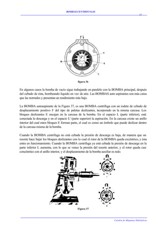 BOMBAS CENTRIFUGAS
                                                                                                   42




                                               figura 36


En algunos casos la bomba de vacío sigue trabajando en paralelo con la BOMBA principal, después
del cebado de ésta, bombeando líquido en vez de aire. Las BOMBAS auto aspirantes son más caras
que las normales y presentan un rendimiento más bajo.

La BOMBA autoaspirante de la Figura 37, es una BOMBA centrífuga con un rodete de cebado de
desplazamiento positivo F del tipo de paletas deslizantes, i corporado en la misma carcasa. Los
                                                              n
bloques deslizantes E encajan en la carcasa de la bomba. En el espacio L (parte inferior), está
conectada la descarga y en el espacio L' (parte superior) la aspiración. En la carcasa existe un anillo
interior del cual estos bloques E forman parte, el cual es como un émbolo que puede deslizar dentro
de la carcasa misma de la bomba.

Cuando la BOMBA centrífuga no está cebada la presión de descarga es baja, de manera que un
resorte hace bajar los bloques deslizantes con lo cual el rotor de la BOMBA queda excéntrico, y ésta
entra en funcionamiento. Cuando la BOMBA centrífuga ya está cebada la presión de descarga en la
parte inferior L aumenta, con lo que se vence la presión del resorte anterior, y el rotor queda casi
concéntrico con el anillo interior, y el desplazamiento de la bomba auxiliar es nulo.




                                               Figura 37



                                                                            Catedra de Máquinas Hidráulicas
 
