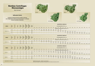 Bombas Centrífugas
                     Monoestágio
                                         Rotor fechado
                                                                                                                                               BC-23 R                                                                                                 BC-23 F


                                       Aplicações Gerais:

            Irrigação, abastecimento predial, sistemas
        de refrigeração, sistemas de prevenção e combate
                    contra incêndio, indústrias.
                                                                                                                                                                                             BC-23 R Mancal                                                                                   BC-23 F Mancal


                                                                                                                                                                                                                               CARACTERÍSTICAS HIDRÁULICAS
                                                                                           Pressão máxima


                                                                                                            Altura máxima
                                          Monofásico




                                                                              Ø Recalque



                                                                                              sem vazão


                                                                                                              de sucção
                                                                   Ø Sucção
                            Potência




                                                       Trifásico




                                                                                                                            Ø Rotor
                                                                                                (m c.a.)


                                                                                                                (m c.a.)


                                                                                                                             (mm)
                                                                     (pol)


                                                                                 (pol)
                              (cv)




       MODELO                                                                                                                                                                                                                 ALTURA MANOMÉTRICA TOTAL (m c.a.)
                                                                                                                                         42       44      46       48       50       52       54      56       58       60     62       66     70      74      78        82     86     90     94     98        102    106    110    114
                                                                                                                                                                                                                       VAZÃO EM m3/h VÁLIDA PARA SUCÇÃO DE 0 m c.a.
                             12,5          x            x            2        1 1/4           70                8           197         34,9     33,7     32,5    31,2     29,8     28,3     26,8     25,2    23,4     21,5   19,4     14,0
                              15           x            x            2        1 1/4           78                8           208          *        *        *      35,9     34,8     33,5     32,3     31,0    29,6     28,1   26,6     23,2   19,1    13,7
     BC-23 R 1 1/4            20                        x            2        1 1/4           96                8           228          *        *        *       *        *        *        *        *       *         *    38,2     35,9   33,5    30,9    28,0       24,9   21,3   16,9
                              25                        x            2        1 1/4          112                8           245          *        *        *       *        *        *        *        *       *         *      *        *      *     41,2    38,9       36,5   33,9   31,2   28,2   24,9      21,3   17,0
                              30                        x            2        1 1/4          117                8           250          *        *        *       *        *        *        *        *       *         *      *        *      *       *     41,2       39,2   37,0   34,6   32,1   29,3      26,3   22,8   18,5   12,8


                                                                                                                                                                                                                               CARACTERÍSTICAS HIDRÁULICAS
                                                                                           Pressão máxima


                                                                                                            Altura máxima
                                          Monofásico




                                                                              Ø Recalque



                                                                                              sem vazão


                                                                                                              de sucção
                                                                   Ø Sucção
                            Potência




                                                       Trifásico




                                                                                                                            Ø Rotor
                                                                                                (m c.a.)


                                                                                                                (m c.a.)


                                                                                                                             (mm)
                                                                     (pol)


                                                                                 (pol)
                              (cv)




       MODELO                                                                                                                                                                                                                 ALTURA MANOMÉTRICA TOTAL (m c.a.)
                                                                                                                                         46       48      50       52       54       56       58      60       62       64     66      68      70     72      74         76     78     80     82     84        86     90     94     98
                                                                                                                                                                                                                       VAZÃO EM m3/h VÁLIDA PARA SUCÇÃO DE 0 m c.a.
                              15           x            x          2 1/2      1 1/2           63                8           193         46,9     44,3     41,6    38,7     35,5     32,0     28,0     23,2
                              20                        x          2 1/2      1 1/2           76                8           209          *        *        *      53,9     51,7     49,4     47,0     44,5    41,8     38,9      35,8    32,4   28,6     24,3
     BC-23 R 1 1/2
                              25                        x          2 1/2      1 1/2           88                8           225          *        *        *       *        *        *        *       57,5    55,5     53,5      51,4    49,2   46,9     44,5     42,0   39,3   36,4   33,3   29,9   26,0
                              30                        x          2 1/2      1 1/2          103                8           240          *        *        *       *        *        *        *        *       *        *         *      63,4   61,7     59,9     58,1   56,3   54,3   52,3   50,2   48,0      45,7   40,7   34,8   27,4


                                                                                                                                                                                                                               CARACTERÍSTICAS HIDRÁULICAS
                                                                                           Pressão máxima


                                                                                                            Altura máxima
                                          Monofásico




                                                                              Ø Recalque



                                                                                              sem vazão


                                                                                                              de sucção
                                                                   Ø Sucção
                            Potência




                                                       Trifásico




                                                                                                                            Ø Rotor
                                                                                                (m c.a.)


                                                                                                                (m c.a.)


                                                                                                                             (mm)
                                                                     (pol)


                                                                                 (pol)
                              (cv)




       MODELO                                                                                                                                                                                                                 ALTURA MANOMÉTRICA TOTAL (m c.a.)
                                                                                                                                         20       22      24       26       28       30       32      34       36       38     40       42     44      46      48        50     54     58     62     66        70     74     78     82
                                                                                                                                                                                                                       VAZÃO EM m3/h VÁLIDA PARA SUCÇÃO DE 0 m c.a.
                              15           x            x            3           2             52               8           177         104      101      98,0    94,7     91,3     87,7     84,0     80,1    76,0     71,7   67,1     62,1   56,7    50,8    44,1       36,2
                              20                        x            3           2             63               8           192          *        *        *       *        *        *       105      102     99,0     95,8   92,4     88,9   85,2    81,4    77,3       73,0   63,3   51,4
     BC-23 R 2
                              25                        x            3           2             73               8           207          *        *        *       *        *        *        *        *       *         *     106     103    99,8    96,6    93,3       89,9   82,6   74,6   65,7   55,2      42,2
                              30                        x            3           2             86               8           225          *        *        *       *        *        *        *        *       *         *      *        *      *       *       *         *     105    98,7   92,1   85,0      77,1   68,3   57,8   44,3

                              15           x            x            3           2             52               8           177         104      101      98,0    94,7     91,3     87,7     84,0     80,1    76,0     71,7      67,1    62,1   56,7     50,8     44,1   36,2
                              20                        x            3           2             63               8           192          *        *        *       *        *        *       105      102     99,0     95,8      92,4    88,9   85,2     81,4     77,3   73,0   63,3   51,4
     BC-23 F 2
                              25                        x            3           2             73               8           207          *        *        *       *        *        *        *        *       *        *        106     103    99,8     96,6     93,3   89,9   82,6   74,6   65,7   55,2      42,2
                              30                        x            3           2             86               8           225          *        *        *       *        *        *        *        *       *        *         *       *      *        *        *      *     105    98,7   92,1   85,0      77,1   68,3   57,8   44,3


     Motor WEG IP-55, 2 Polos, 60 Hz                                                                                                  Modelo R: bocais roscados Modelo F: bocais flangeados
                                                                                                                                      Rotor de ferro fundido. Para bombeamento de água acima de 70°C, utilize selo mecânico de Viton®.


20
 