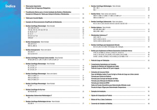 Índice   Observações Importantes
         Atenção! Itens de Segurança Obrigatórios ----------------------------------------------------------------------                   02
                                                                                                                                                Bombas Centrífugas Multiestágios - Rotor fechado
                                                                                                                                                  ME-1, ME-2 ---------------------------------------------------------------------------------------------------------------     28
                                                                                                                                                  ME-3 -----------------------------------------------------------------------------------------------------------------------   29
         Procedimentos Básicos para a Correta Instalação das Bombas e Motobombas
         Exemplo de Utilização da Tabela para Seleção de Bombas e Motobombas -------------------------                                     03   Bombas Vórtex - Rotor vórtex (semi-aberto)
                                                                                                                                                  MBV-01 F, MBV-21 R, MBV-21 F, MBV-22 R, MBV-22 F ---------------------------------------------------------                     30
         Tabela para Consulta Rápida ------------------------------------------------------------------------------------------            04     MBV-42 R, MBV-42 F ---------------------------------------------------------------------------------------------------         31

         Exemplos de Dimensionamento Simplificado de Motobomba -------------------------------------------                                 06   Bombas Centrífugas Submersíveis - Rotor semi-aberto
                                                                                                                                                  BCS-S1, BCS-C5, BCS-205, BCS-305, BCS-220, BCS-320, BCS-350 -------------------------------------------                        32
         Bombas Centrífugas Monoestágio - Rotor fechado
           BCR-2000, BCR-2010 --------------------------------------------------------------------------------------------------           07   Bombas Injetoras - Rotor fechado
           TAP-20C,TAP-35C,TAP-20A,TAP-35A -----------------------------------------------------------------------------                   08     BIR-2008, MBI-0, MBI-1 ------------------------------------------------------------------------------------------------        33
           BC-98, BC-91 S/T --------------------------------------------------------------------------------------------------------       09     MBI-0, MBI-1, MBI-2 ----------------------------------------------------------------------------------------------------       34
           BC-92 S/T -----------------------------------------------------------------------------------------------------------------     10
           BCV, BC-92 S/T AV ------------------------------------------------------------------------------------------------------        11   Motobombas Submersas 4”
           VERSAJET -----------------------------------------------------------------------------------------------------------------      12     SUB 7, SUB 10 -----------------------------------------------------------------------------------------------------------      35
                                                                                                                                                  SUB 15, SUB 20, SUB 25 -----------------------------------------------------------------------------------------------         36
         Bombas Autoaspirantes - Rotor fechado                                                                                                    SUB 35, SUB 45, SUB 60, SUB 90 ------------------------------------------------------------------------------------            37
           BAR, ASP-56 S/T --------------------------------------------------------------------------------------------------------        13
                                                                                                                                                Bombas Centrífugas para Equipamento Veicular
           MBA-XL, MBA-ZL -------------------------------------------------------------------------------------------------------          14
                                                                                                                                                  BCA-43 E, BCA-43 D, MDC-FVA Multiplic, ME-3 Multiplic ----------------------------------------------------                     38
         Bombas Autoaspirantes - Rotor semi-aberto
                                                                                                                                                Bombas para Acoplamento em Motores Estacionários (Combustão Interna)
           BCA, BCA-41 -------------------------------------------------------------------------------------------------------------       15
                                                                                                                                                   SH BC-92, SH MBA-ZL, SH BCA-2, SH BCA-41, SH BCA-42 ----------------------------------------------------                      39
           BCA-42, BCA-43 E ------------------------------------------------------------------------------------------------------         16
                                                                                                                                                   SH BC-21 R/F, SH BC-22 R, SH BPI-21 R/F, SH BPI-22 R/F, SH MBI -------------------------------------------                    40
                                                                                                                                                   SH ME-1, SH ME-2, SH MSA-21 R/F, SH MSA-22 R, SH MBV-21 R/F -----------------------------------------                         41
         Bombas Centrífugas Prevenção Contra Incêndio - Rotor fechado
           BPI-BCV, BPI-92 S/T J, BPI-21 R, BPI-21 F, BPI-22 R, BPI-22 F --------------------------------------------------                17   Perda de Carga em Tubulações ---------------------------------------------------------------------------------------             42
         Bombas Centrífugas Monoestágio - Rotor fechado                                                                                         Comprimentos Equivalentes em Conexões
           BC-21 R, BC-21 F --------------------------------------------------------------------------------------------------------       18   Sugestão de Diâmetro de Tubulação por Vazão
           BC-22 R, BC-22 F --------------------------------------------------------------------------------------------------------       19   Perda de Carga em Tubos de PVC para Irrigação --------------------------------------------------------------                     43
           BC-23 R, BC-23 F --------------------------------------------------------------------------------------------------------       20
                                                                                                                                                Estimativa de Consumo Diário
         Bombas Centrífugas Monoestágio - Rotor semi-aberto                                                                                     Fator de Múltiplas Saídas (F) para Corrigir as Perdas de Carga nas Linhas Laterais
           MSA-21 R, MSA-21 F ---------------------------------------------------------------------------------------------------          21   Fórmula para Cálculo da Potência
           MSA-22 R, MSA-22 F ---------------------------------------------------------------------------------------------------          22
                                                                                                                                                Fórmulas para Correção de Rotação de Polias
           MSA-23 R, MSA-23 F ---------------------------------------------------------------------------------------------------          23
                                                                                                                                                Fórmulas para Alteração de Diâmetro do Rotor
         Bombas Centrífugas Monoestágio - Rotor fechado                                                                                         Fórmula para Cálculo do NPSH
           BC-20 F --------------------------------------------------------------------------------------------------------------------    24   Dados de Pressão Atmosférica para Determinadas Altitudes Locais
                                                                                                                                                Pressão de Vapor d’Água para Determinadas Temperaturas ----------------------------------------------                            44
         Bombas Centrífugas de Aço Inox
           MCI-RE, MCI-RQ ---------------------------------------------------------------------------------------------------------        25   Exemplos de Instalações ------------------------------------------------------------------------------------------------         45

         Motobombas Submersíveis Multiestágios 5”                                                                                               Opções de Composição do Produto --------------------------------------------------------------------------------                 46
           VN --------------------------------------------------------------------------------------------------------------------------   26
                                                                                                                                                Bitolas de Fios e Cabos Condutores --------------------------------------------------------------------------------              47
         Bombas Centrífugas Multiestágios de Inox - Rotor fechado
           BT4, ME-HI ---------------------------------------------------------------------------------------------------------------      27   Conversão de Unidades de Medidas -------------------------------------------------------------------------------                 48
 