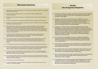Observações Importantes                                                                                           Atenção!
                                                                                                                                             Itens de Segurança Obrigatórios
      1.   Dados hidráulicos conforme ISO 9906 anexo “A” com motor de linha e frequência indicados. Para condições
                                                       ,
           diferentes consulte a Fábrica.

      2.   Para obter a altura manométrica total em m c.a., não deixe de considerar as perdas de carga                   1. Providencie, na instalação de recalque, um bujão para escorva. Nunca abra o bujão de
           por atrito da instalação.                                                                                        escorva da bomba enquanto a mesma estiver em operação, pois a pressão pode
                                                                                                                            arremessá-lo contra alguém.
      3.   Não utilize a bomba na faixa com asteriscos (*). A utilização da bomba nessa faixa ocasiona sobrecarga
           no motor.
                                                                                                                         2. Obrigatório o aterramento do motor elétrico conforme NBR 5410 ou norma
      4.   No caso de motores elétricos, dados hidráulicos da faixa de operação são válidos para tensão nominal.            equivalente do país onde o produto será instalado. Este procedimento protege as
                                                                                                                            pessoas contra choque elétrico quando em contato com partes metálicas
      5.   Obrigatório o aterramento do motor elétrico, conforme previsto na norma NBR 5410 ou norma equivalente            eventualmente energizadas, garante o correto funcionamento do equipamento e
           do país onde o produto será instalado.                                                                           permite uma utilização confiável e correta da instalação.
      6.   Para a ligação do motor elétrico, siga corretamente o esquema de ligação mostrado na plaqueta de
           identificação do mesmo, respeitando a voltagem da rede local. Nas bombas acopladas a motores                  3. É obrigatória a utilização de chave de proteção, dotada de relé de sobrecarga,
           monofásicos 6 fios, trifásicos ou nas bombas mancalizadas, observe pelo lado de trás do acionamento do           adequada para uma maior segurança do motor elétrico contra efeitos externos, tais
           motor (ou mancal), se este gira no sentido horário (exceção do modelo BCA-43 E). Caso contrário, para o          como: subtensão, sobretensão, sobrecarga, etc. O relé deve ser ajustado para a corrente
           motor monofásico 6 fios, siga as instruções contidas na placa do motor; e para o motor trifásico, inverta a      de serviço do motor e a falta do mesmo na instalação, implicará em perda total da
           posição das duas fases da rede.                                                                                  garantia. Em sistemas trifásicos, além do relé de sobrecarga, faz-se necessário a
                                                                                                                            utilização de relé falta-fase. Lembre-se que disjuntores simplesmente protegem a
      7.   É vedado pela Fábrica o uso de qualquer um de seus modelos de bombas ou motobombas para o
           transporte de líquidos inflamáveis, medicinais e/ou alimentícios. Havendo utilização indevida, a
                                                                                                                            instalação contra curtos-circuitos.
           responsabilidade será inteiramente do aplicador do produto.
                                                                                                                         4. No circuito elétrico da motobomba, de acordo com a NBR 5410, é obrigatória a
      8.   A fim de evitar cavitação na sucção, verifique o NPSH requerido pelo modelo da bomba a ser utilizada             instalação de um interruptor diferencial residual ou disjuntor diferencial residual
           (fornecido pela Schneider) e, se necessário, calcule o NPSH disponível da instalação (página 44),                (“DR”). Estes dispositivos possuem elevada sensibilidade, que garantem proteção
           principalmente para bombeamento de líquido acima da temperatura ambiente e alturas de sucção                     contra choques elétricos.
           elevadas.

      9.   Para bombeamento de água com material abrasivo, consulte a Fábrica para especificação dos materiais.          5. Toda bomba ao ser instalada sobre a laje de residências ou outras edificações, deverá
                                                                                                                            conter proteção impermeável contra possíveis vazamentos ao longo de seu uso, no
     10. Todas as bombas possuem bocais com rosca BSP, podendo haver versões com rosca NPT. Os diâmetros de                 período de garantia ou fora dele.
         sucção e recalque indicados nas motobombas deverão ser adaptados a tubulações de diâmetro igual ou
         superior, conforme “Tabela de Sugestão de Diâmetro de Tubulação por Vazão” (página 43).                         6. Nas instalações onde se utiliza o modelo de Motobomba Submersível, mesmo com o
                                                                                                                            motor aterrado, nunca entre na água e nem movimente a motobomba enquanto o
     11. As bombas centrífugas, quando instaladas com válvula de pé, ao nível do mar e bombeando água na
                                                                                                                            sistema estiver em funcionamento. Perigo de choque elétrico.
         temperatura ambiente, succionam uma profundidade máxima de 8 m c.a. (exceção BC-92 S AV, MBA-ZL e
         MBV). Maiores informações, consulte a Fábrica.
                                                                                                                         7. Em caso de queima do motor, não toque no equipamento enquanto a chave geral que
     12. Para informações adicionais referentes à instalação, consulte “Itens de segurança obrigatórios” Em caso de
                                                                                                       .                    alimenta o sistema elétrico estiver ligada. Chame um eletricista para retirar o
         dúvida na instalação de qualquer produto, procure um profissional especializado ou entre em contato com            equipamento e avaliar a instalação.
         o Departamento Técnico da Fábrica.
                                                                                                                         8. Caso haja alguma avaria ou defeito no produto, entre imediatamente em contato com
     13. As fotos e desenhos são de caráter ilustrativo.
                                                                                                                            a Assistência Técnica ou com o revendedor. Não utilize o equipamento caso você
     14. As informações hidráulicas, composição e dimensionais poderão sofrer alterações sem prévio aviso, de               suspeite que o mesmo possua algum defeito. Para maiores informações, consulte o
         acordo com a evolução tecnológica.                                                                                 Manual de Instrução das Bombas e Motobombas.


02
 
