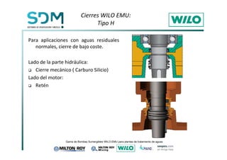 Cierres WILO EMU: 
Tipo H 
Para aplicaciones con aguas residuales 
normales, cierre de bajo coste. 
Lado de la parte hidráulica: 
 Cierre mecánico ( Carburo Silicio) 
Lado del motor: 
 Retén 
*DPDGH%RPEDV6XPHUJLEOHV:,/2(08SDUDSODQWDVGHWUDWDPLHQWRGHDJXDV 
 